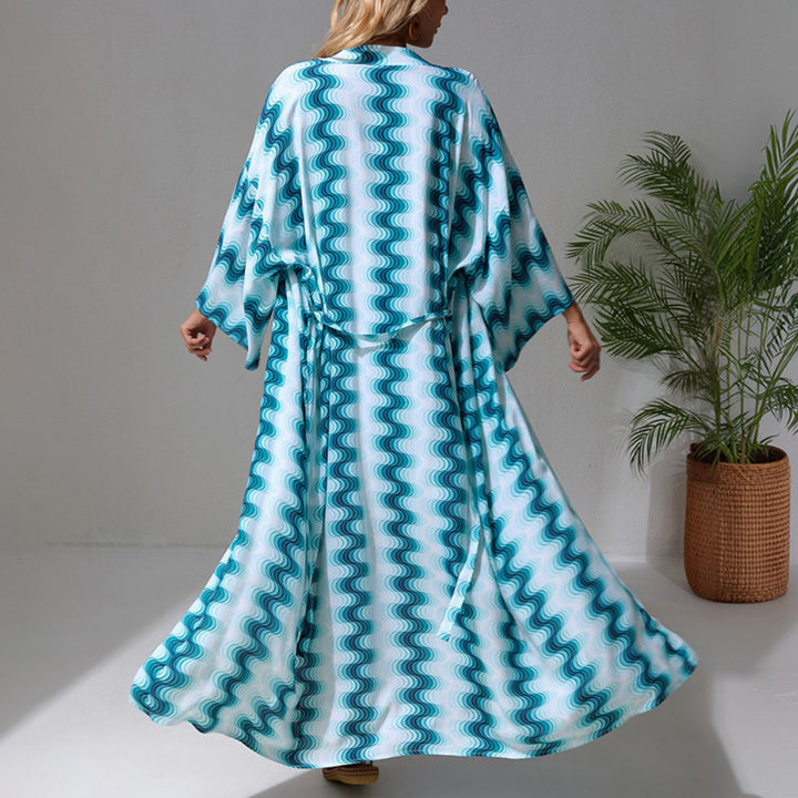 Damen Langer Strandkaftan mit V-Ausschnitt, Taillen-Bindegürtel & hohem Beinschlitz Echoarchiv