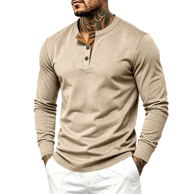 Herren Geripptes Henley-Langarmshirt aus Feinstrick mit Stehkragen und Knopfleiste – Norvane