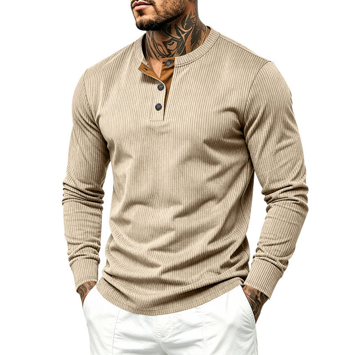 Herren Geripptes Henley-Langarmshirt aus Feinstrick mit Stehkragen und Knopfleiste – Norvane