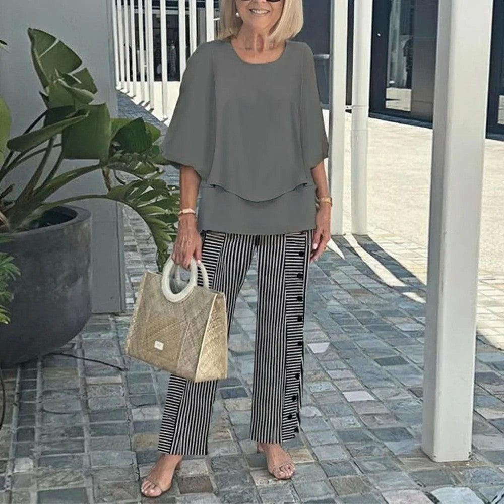 Damen nan Lagen-Tunika mit Cape-Ärmeln und knöchellanger Geradebeinhose mit Grafikprint Echo Archiv