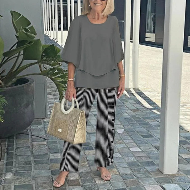 Damen nan Lagen-Tunika mit Cape-Ärmeln und knöchellanger Geradebeinhose mit Grafikprint Echo Archiv