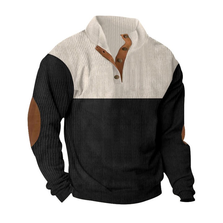 Herren nan gerippter Pullover mit Stehkragen, Knopfleiste und Ellbogen-Patches Echo Archiv