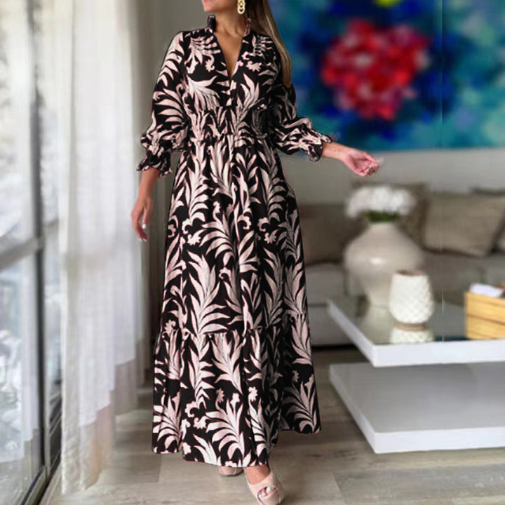 Damen Langes Maxikleid mit V-Ausschnitt, elastischem Smokbund, Stufenrock und Ballonärmeln Echoarchiv