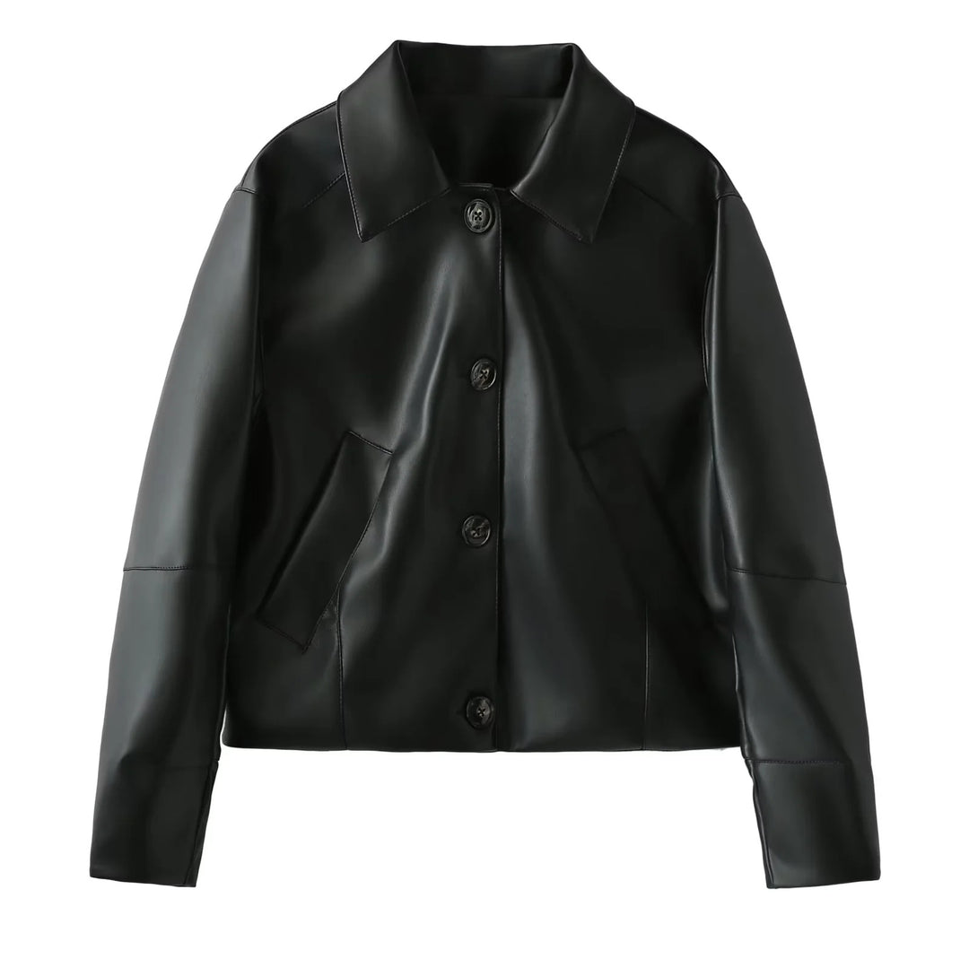 Damen nan taillierte Kunstlederjacke im Blousonstil mit Hemdkragen Echo Archiv