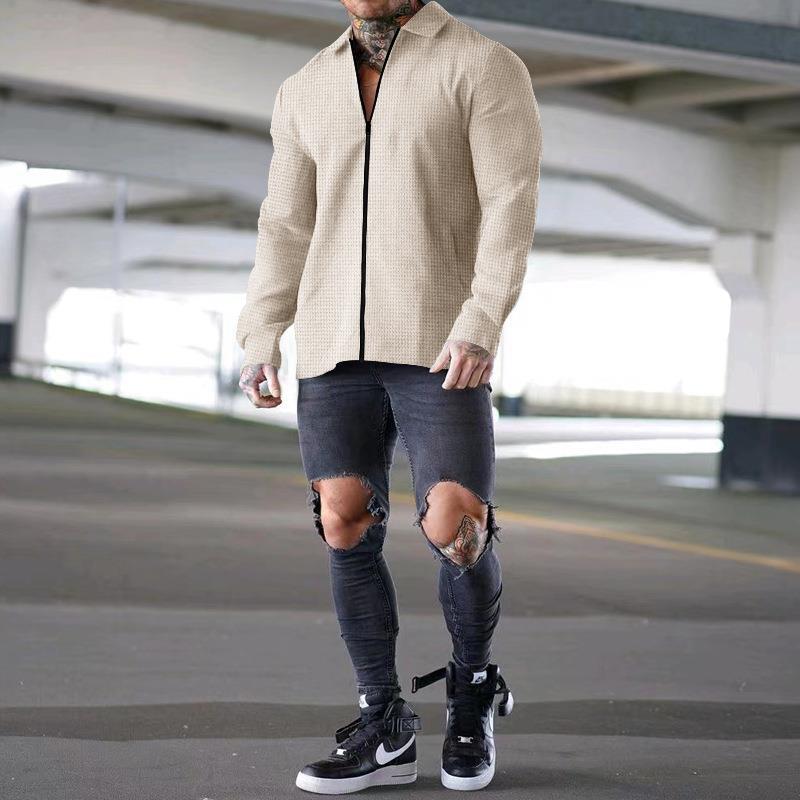 Herren lässiges Kurzarm-Hemd mit strukturiertem Design und modernem Reißverschluss Echoarchiv