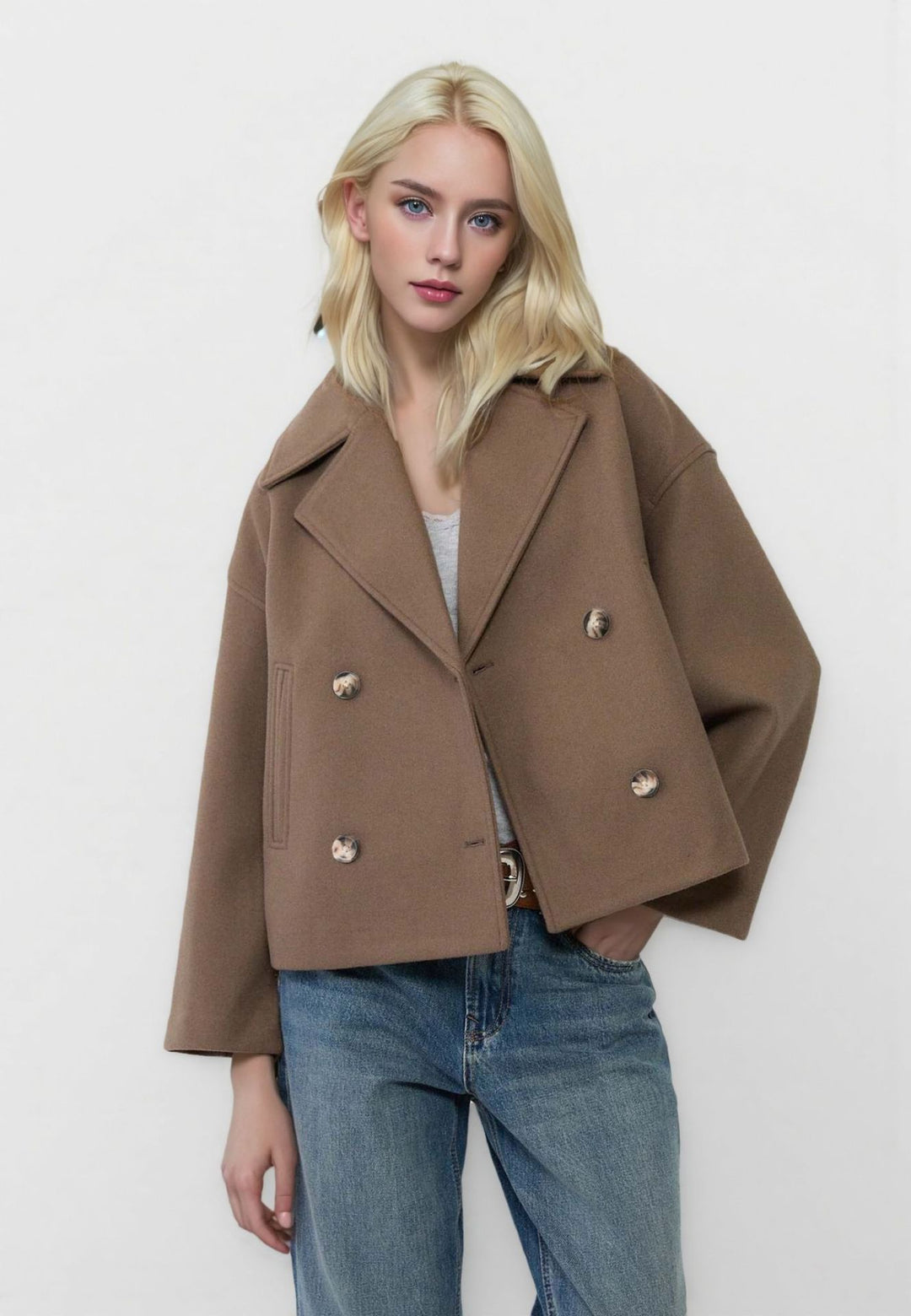 Damen nan kurzes doppeltreihiges Wollmix-Manteljacke im Boxy-Cut mit weitem Reverskragen Echo Archiv