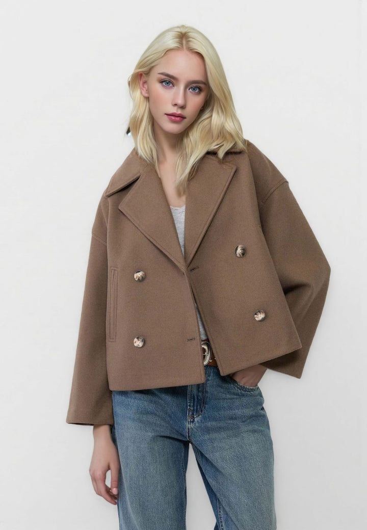Damen nan kurzes doppeltreihiges Wollmix-Manteljacke im Boxy-Cut mit weitem Reverskragen Echo Archiv