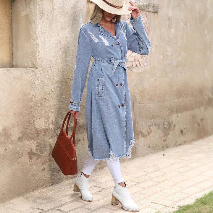 Damen Langer Denim-Trenchcoat mit Distressed-Saum und Doppelreihiger Knopfleiste Echo Archiv