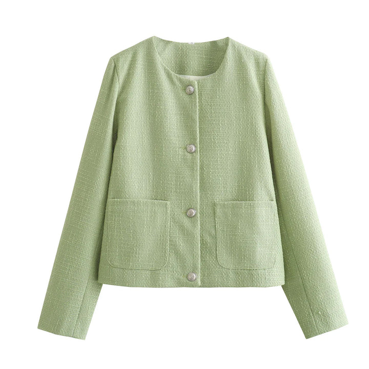 Damen kurzgeschnittene Bouclé-Boxyjacke mit Rundhalsausschnitt und aufgesetzten Taschen – Célinea
