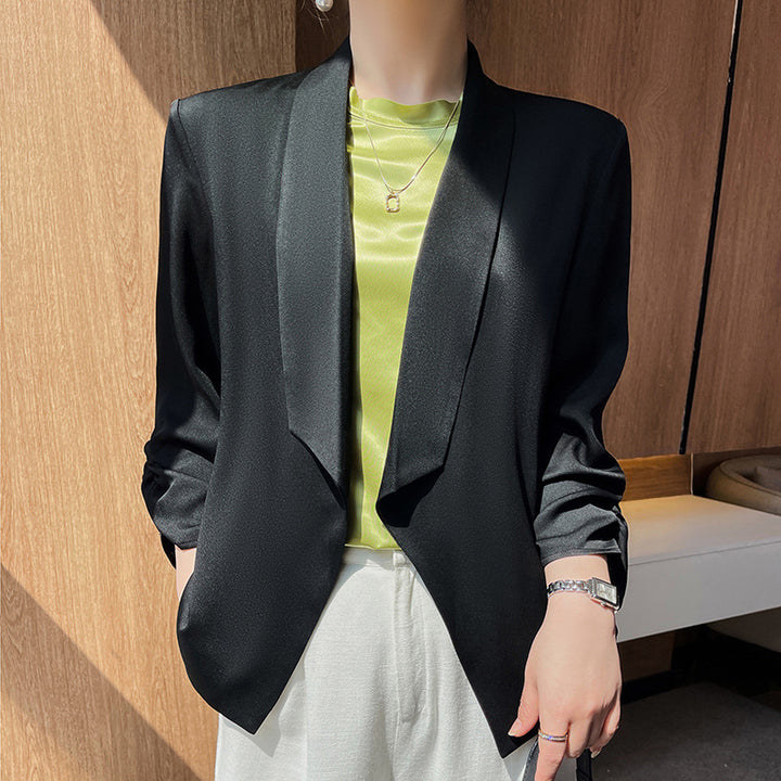Damen Schalkragen-Blazer mit Satinbesatz, offener Front und legerer Kurzform Echoarchiv