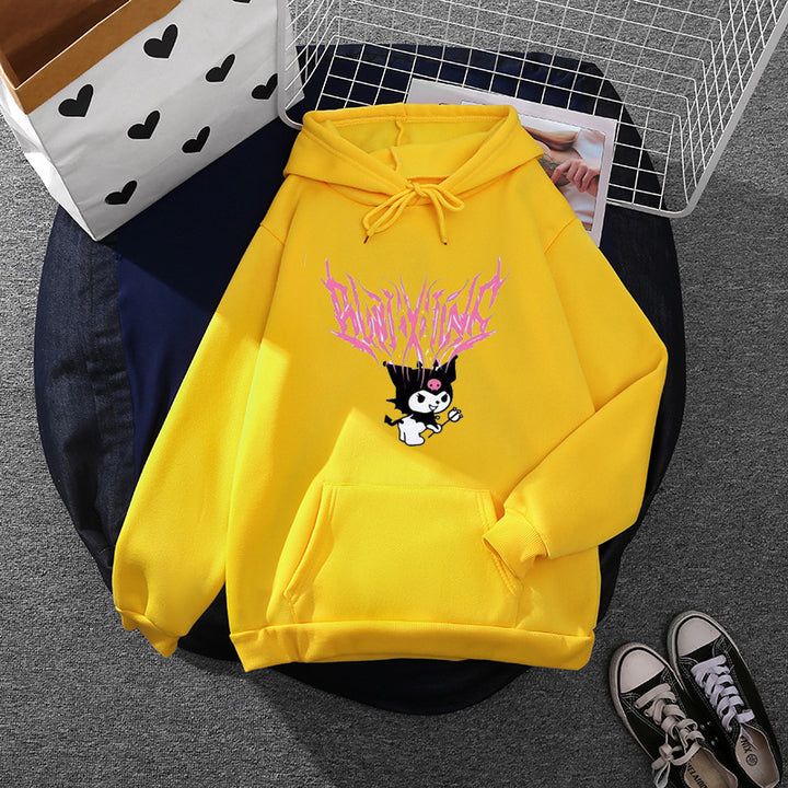 Damen lockeres Kapuzensweatshirt aus angerautem Fleece mit Kängurutasche und kawaii-Charakter-Print – Auréline
