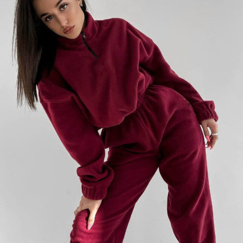 Damen Relax-Fleece-Set mit Stehkragen-Halbzip und geraffter High-Waist-Hose – Avérine