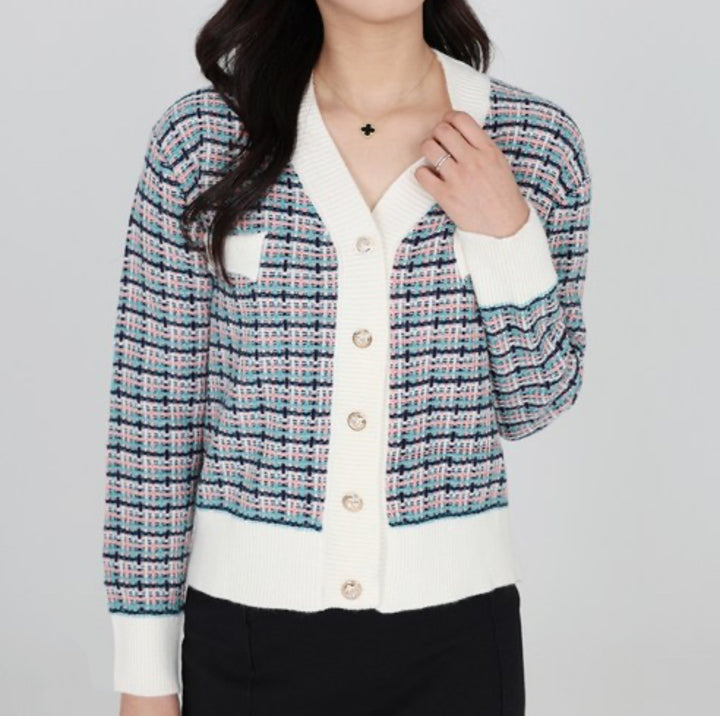Damen Tweed-Strickcardigan mit V-Ausschnitt und Zierknopfleiste – Veloura
