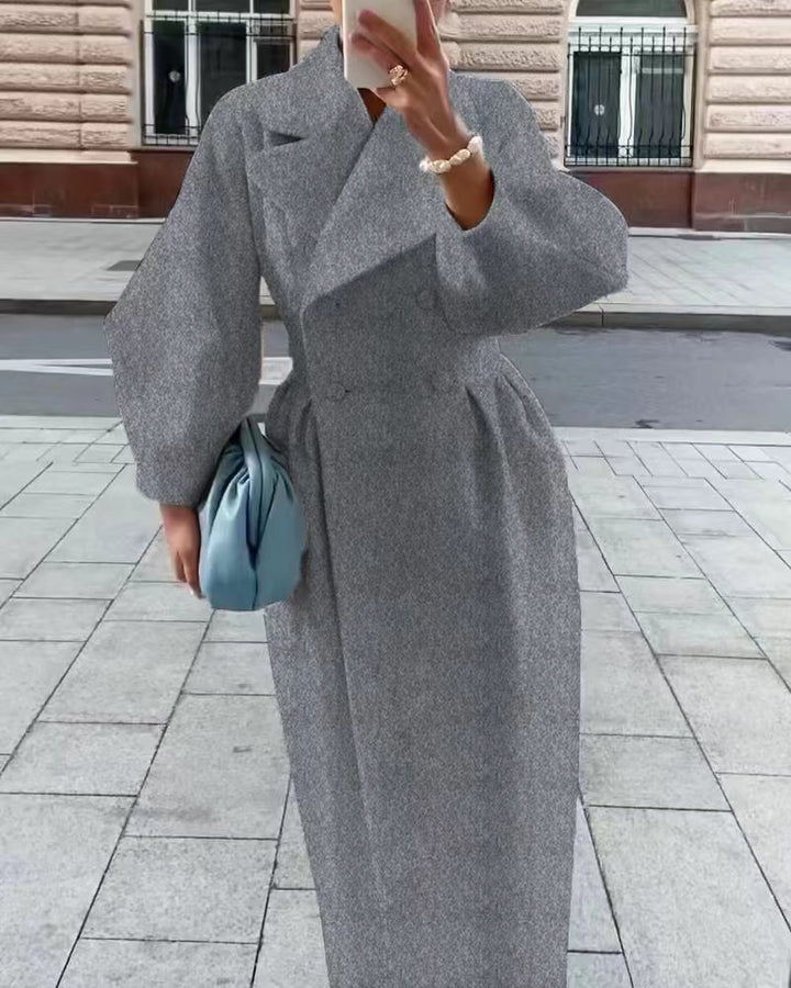 Damen Maxi-Wickelmantel mit seitlichem Schlitz und Ballonärmeln – Avérine