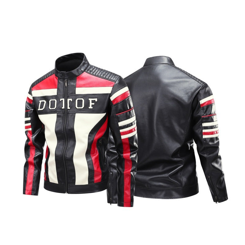 Herren Racing-Lederimitat-Bikerjacke mit Stehkragen, gesteppter Schulterpartie & Kontrast-Colourblocking Echoarchiv