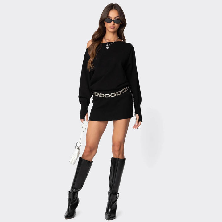 Damen lässiges Strickkleid mit asymmetrischem Ausschnitt und tailliertem Bund Echo Archiv