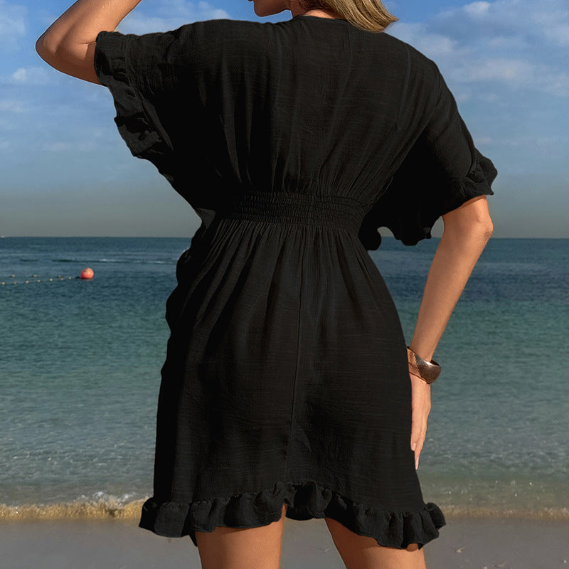 Damen luftiges Strandkleid mit Rüschendetails und vorteilhafter Schärpe Echo Archiv