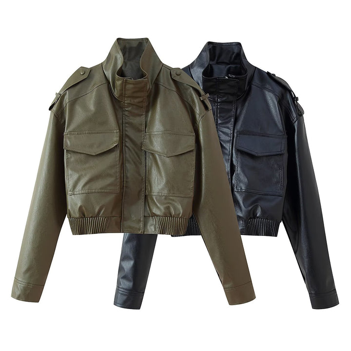 Damen Kurz geschnittene Blousonjacke aus Veganleder mit Schulterklappen und Pattentaschen Echo Archiv