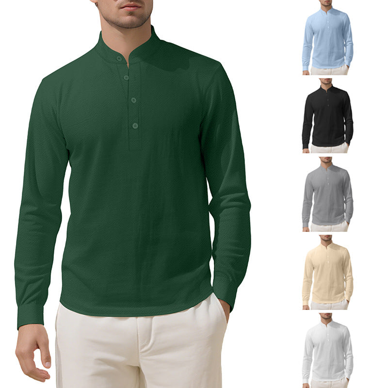 Herren nan Nehru-Kragen-Henley aus Baumwollstretch mit verdeckter Knopfleiste und schmaler Passform Echo Archiv