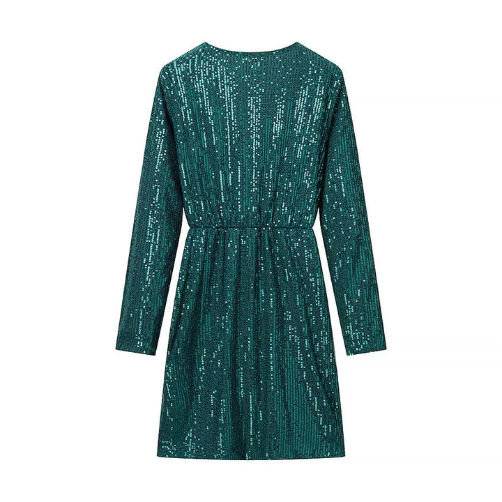 Damen Wickel-Minikleid mit Paillettenbesatz, tiefem V‑Ausschnitt und taillierendem Bindegürtel – Élara