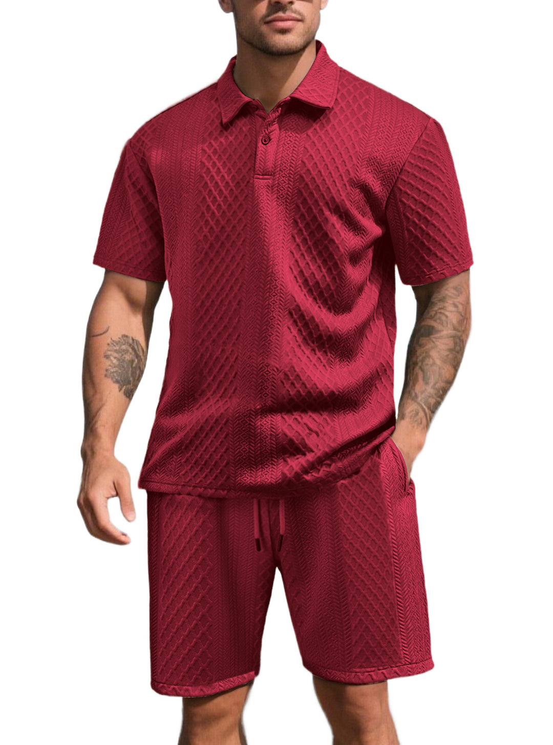 Herren nan dreidimensionales Relief-Freizeit-Set mit Polokragen, verdeckter Knopfleiste und elastischer Tunnelzugshorts Echo Archiv