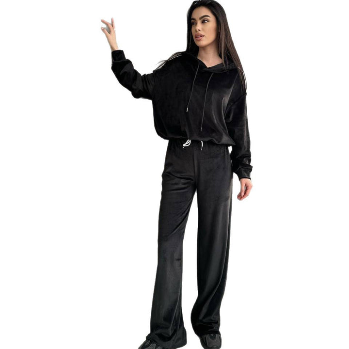 Damen Velours-Zweiteiler mit Cropped-Kapuzenpullover, sportiven Ärmeln und weiter Palazzo-Hose – Auréline