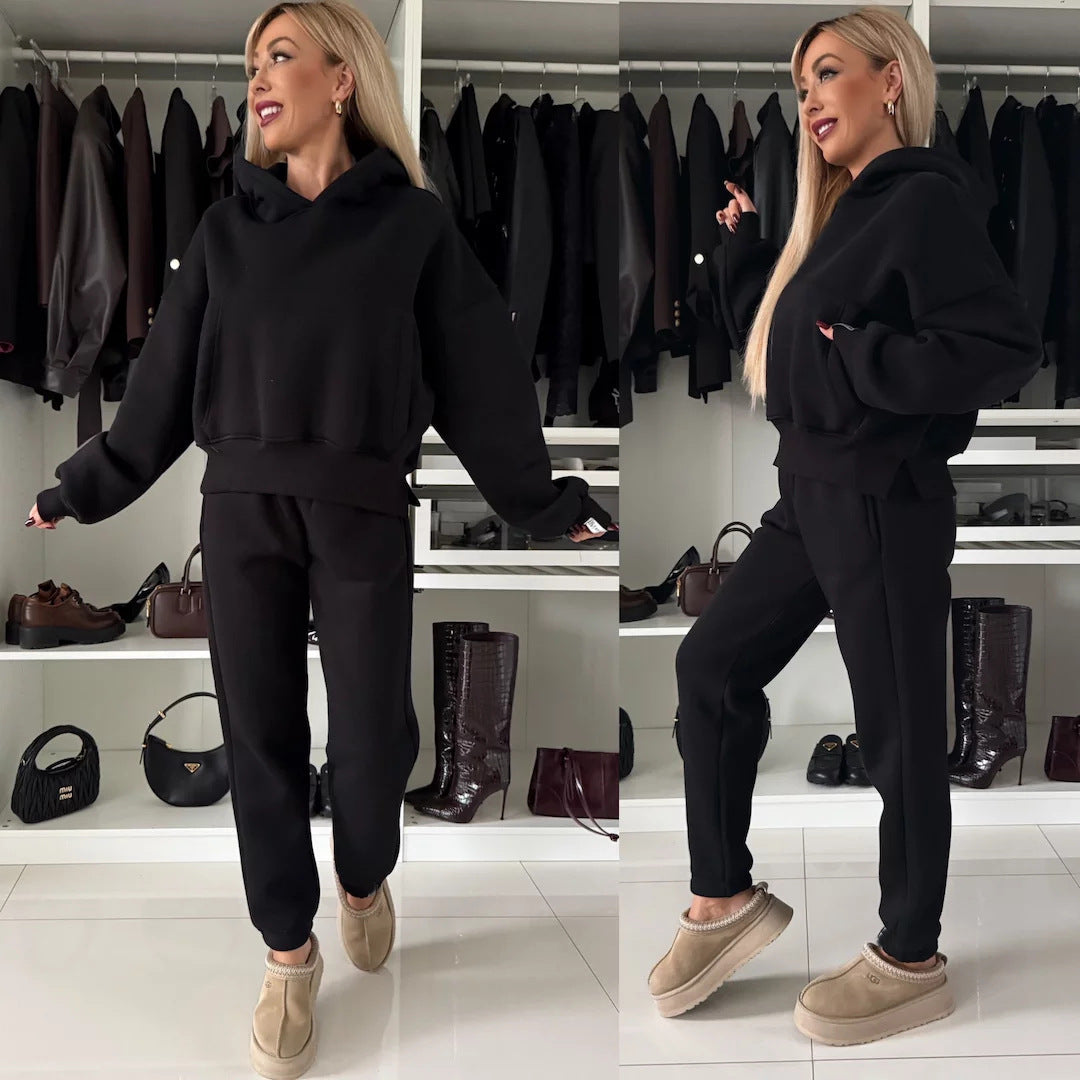 Damen Kurzgeschnittenes Kapuzen-Hoodie und High‑Waist Jogginghose Set aus weichem French-Terry – Auréline