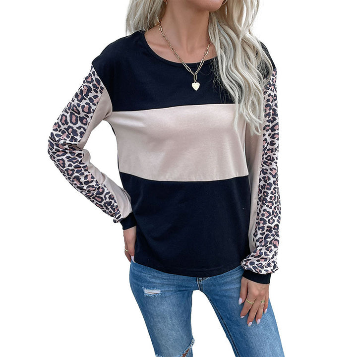 Damen Colorblock-Sweatshirt mit Leopardenärmeln und Rundhalsausschnitt – Mavelle