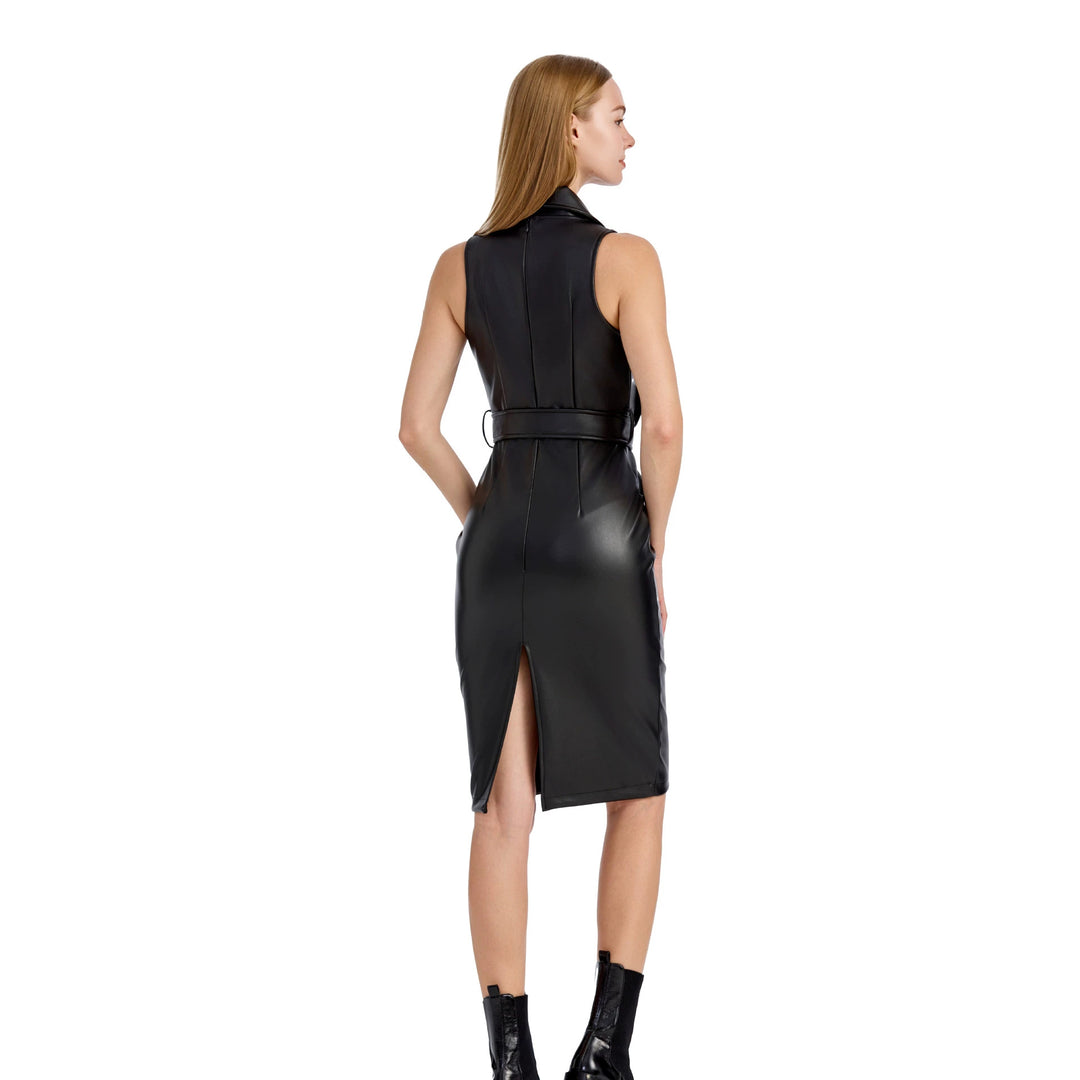 Damen Ärmelloses tailliertes Bleistiftkleid aus Lederoptik mit Reverskragen Echoarchiv