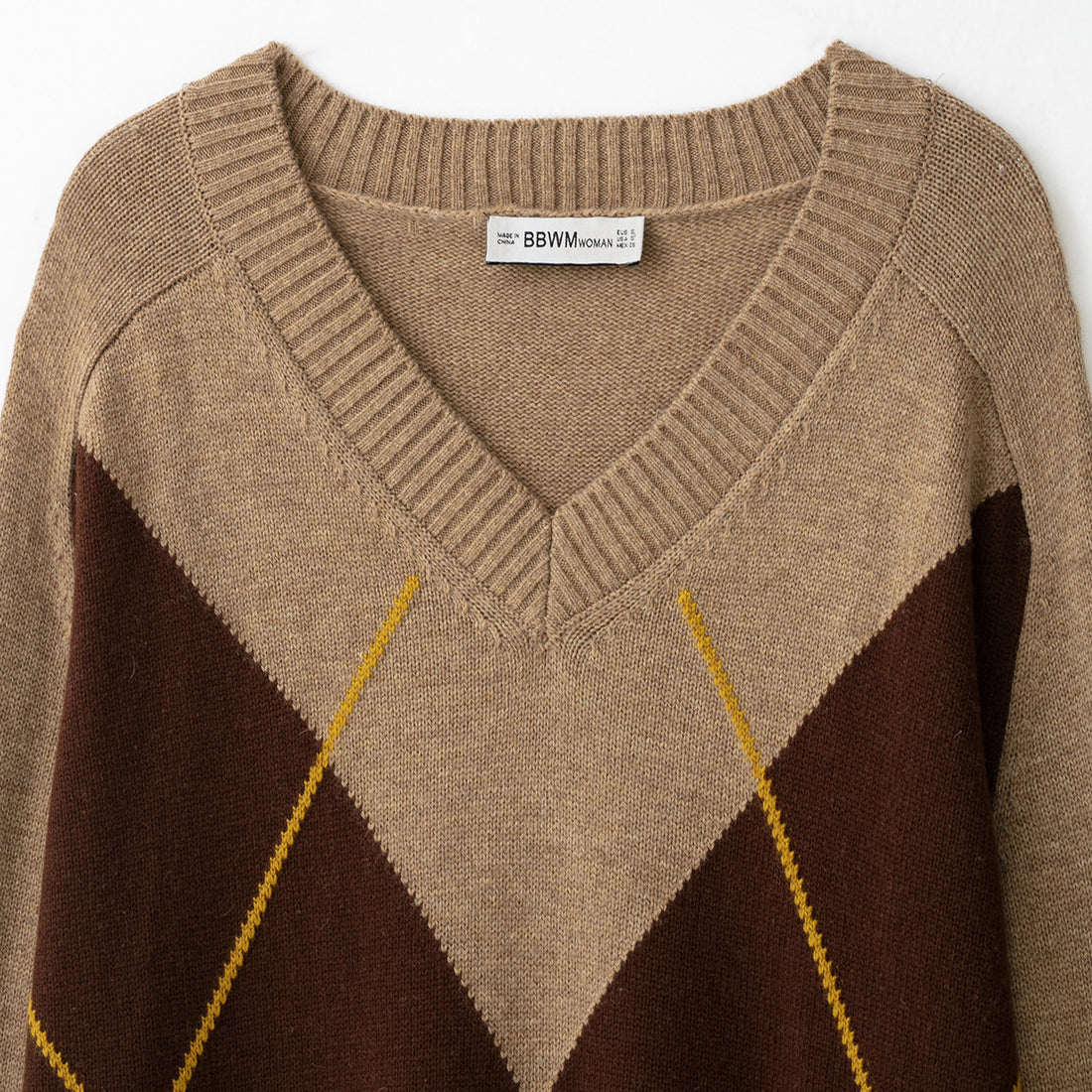 Damen Argyle V-Ausschnitt Pullover aus Feinstrick mit Raglanärmeln und Rippbündchen Echoarchiv