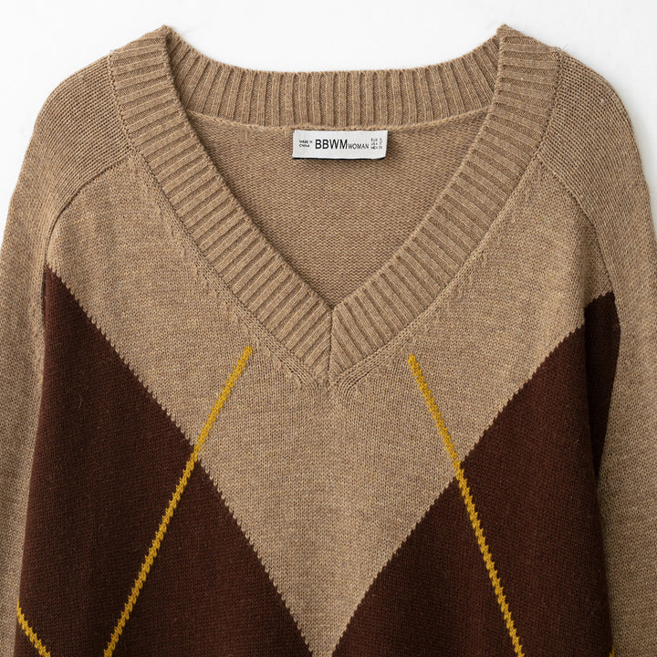 Damen Argyle V-Ausschnitt Pullover aus Feinstrick mit Raglanärmeln und Rippbündchen Echoarchiv