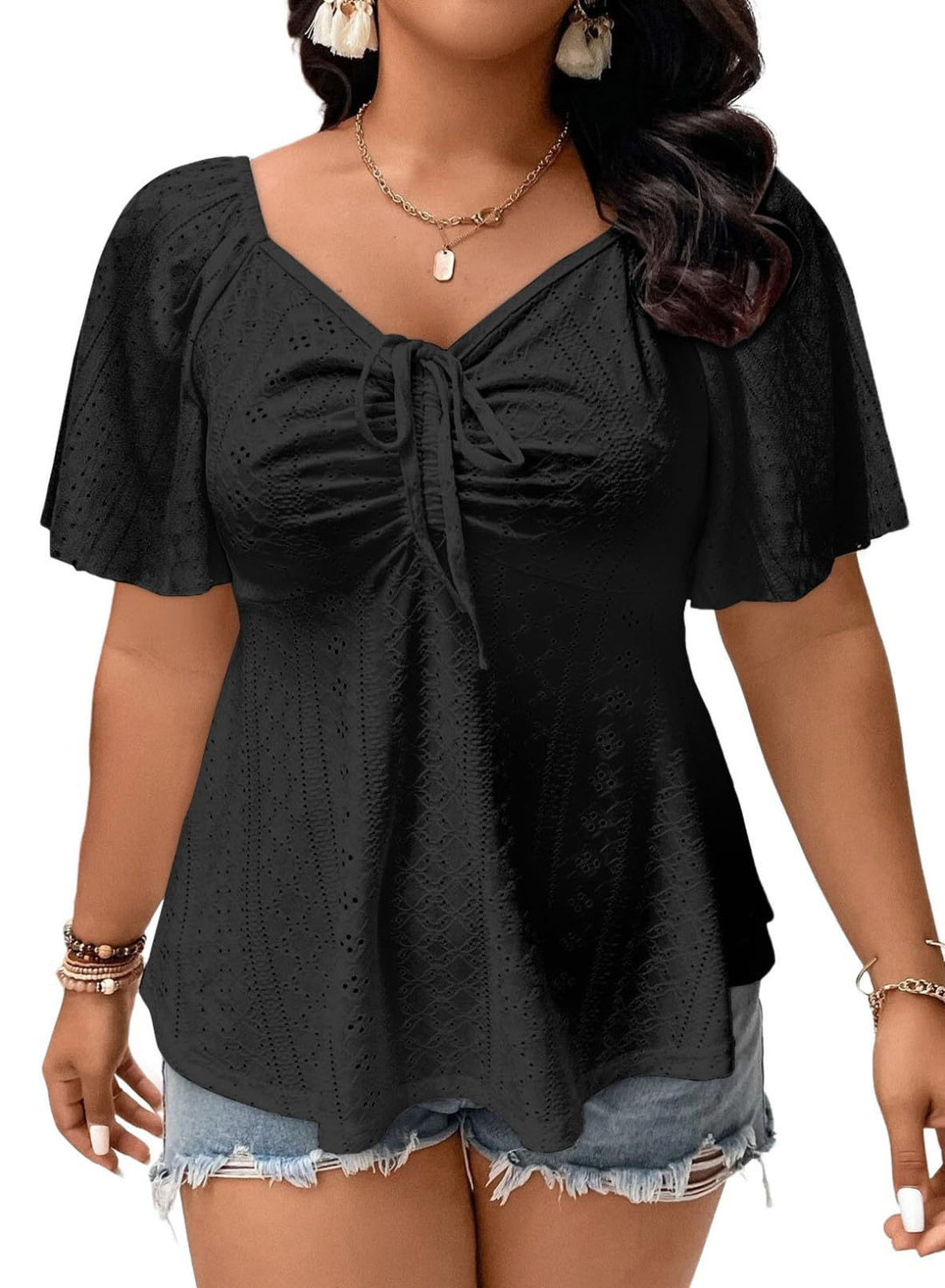 Damen A-Linien Boho-Bluse mit Lochstickerei, Raffung und Bindeband – Élovi