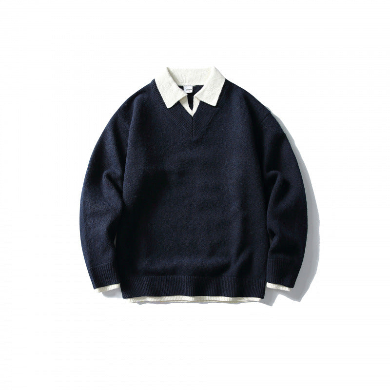 Unisex Oversize-Strickpullover mit kontrastierendem Polokragen und V‑Ausschnitt Echo Archiv