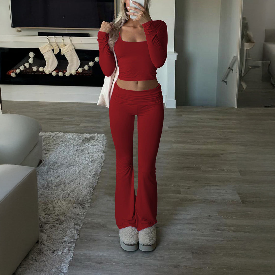 Damen figurbetontes Cropped-Set mit langärmeligem Top mit quadratischem Ausschnitt und ausgestellter High‑Waist Yoga-Hose – Avérine
