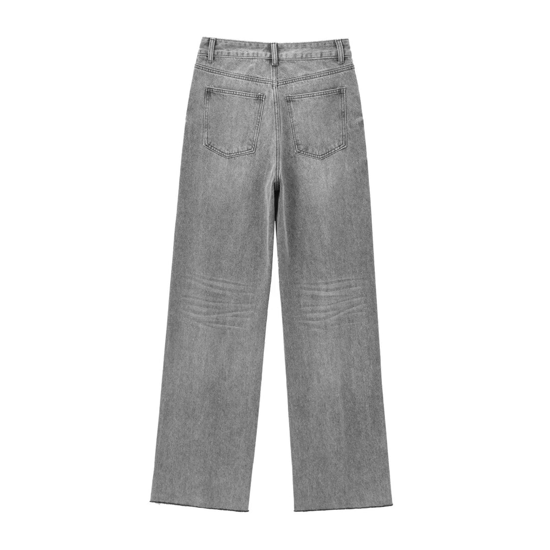 Damen hochgeschnittene weite Denimjeans mit geradem Bein und Fransensaum – Dénora
