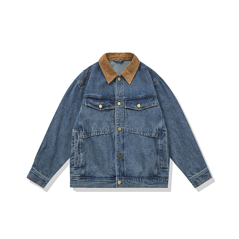 Herren Boxy Denim‑Blousonjacke mit Cordkragen und Multifunktionspattentaschen Echoarchiv