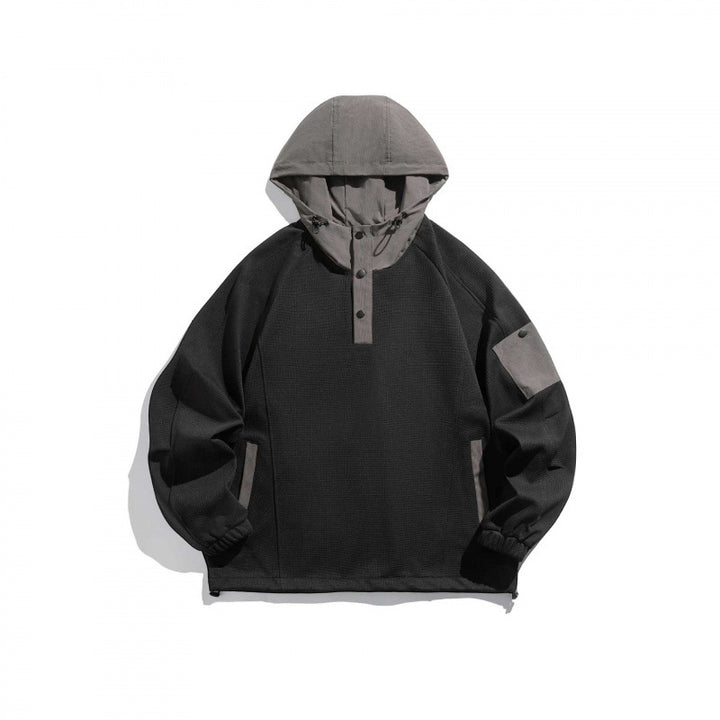 Unisex Technischer Kapuzenpullover im Oversize‑Cut mit Henley‑Knopfleiste, Patchtasche und tunnelzug Echo Archiv