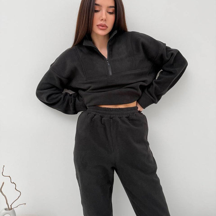 Damen Kuscheliges Fleece-Loungewear-Set mit halbem Reißverschluss und elastischer Jogginghose – Avérine