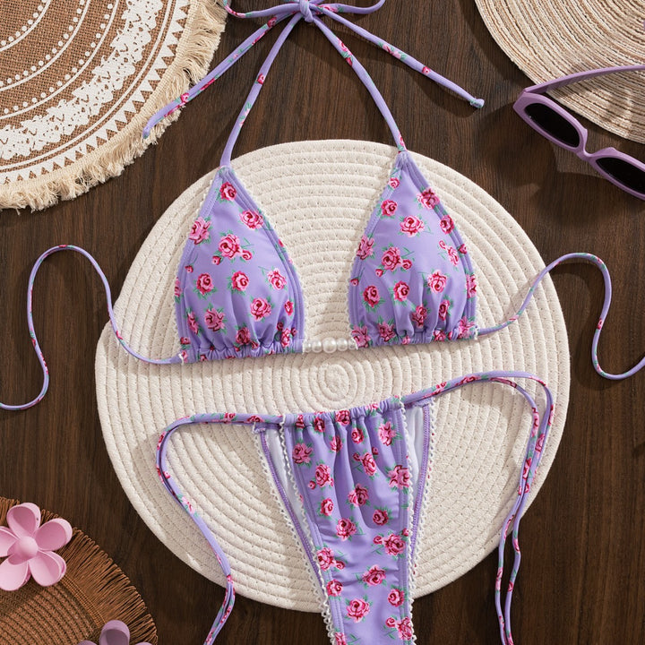 Damen Triangel-Bikini mit floralem Druck und verspielten Rüschen Echo Archiv