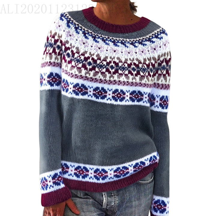 Damen nan melierter Rundhalsausschnittpullover mit kreisförmigem Jacquard-Yoke und geripptem Saum Echo Archiv