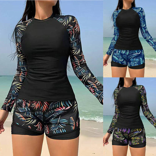 Damen Sportlicher Langarm Rashguard mit buntem Blattdesign Echo Archiv