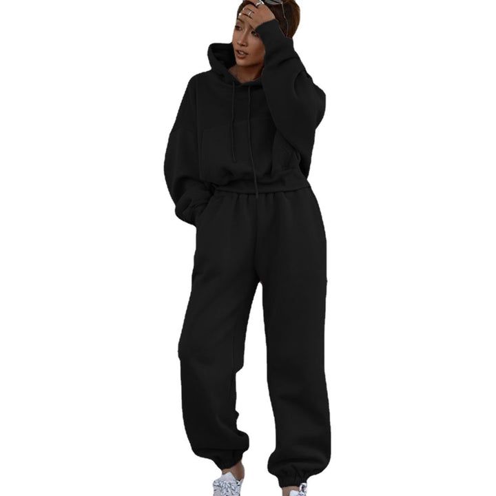 Damen kurzes Oversize-Kapuzenpullover-Set mit elastischer High-Waist-Jogginghose aus Baumwollfleece – Auréline