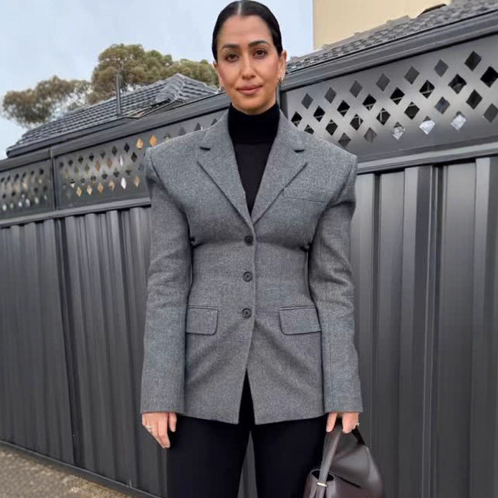 Damen Tailliertes Blazer-Minikleid mit skulpturierter Schulter und Pattentaschen Echoarchiv