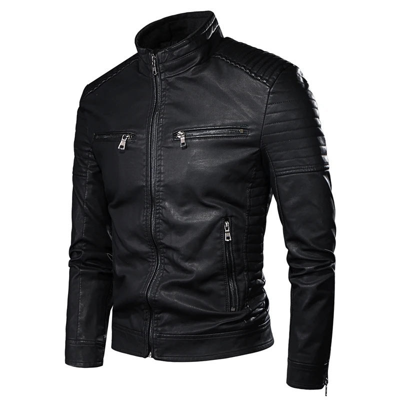 Herren Slim-Fit Biker-Lederjacke mit Stehkragen und gesteppter Schulterpartie Echoarchiv