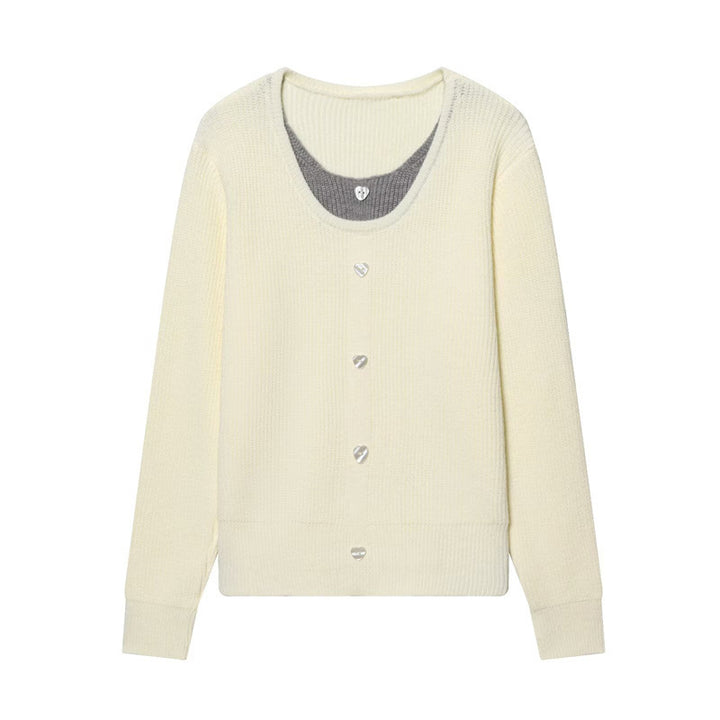 Damen zweilagiger Feinstrick-Cardigan mit integriertem Untertop und Herzknöpfen Echo Archiv