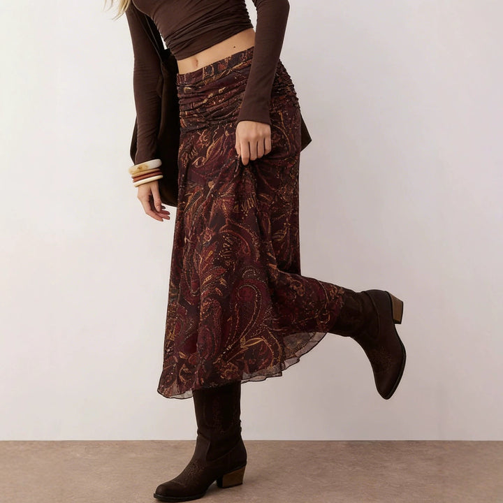 Damen Midirock im Boho‑Stil mit gerafftem Hüftbund und Paisley‑Print – Avérine