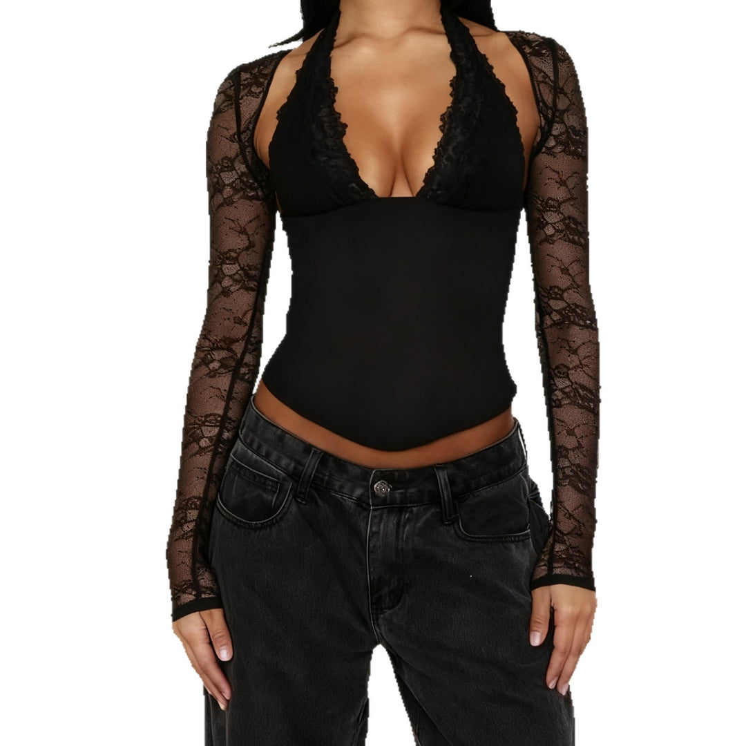 Damen Elegantes Spitzenbodysuit mit tiefem V-Ausschnitt und langen Ärmeln Echo Archiv