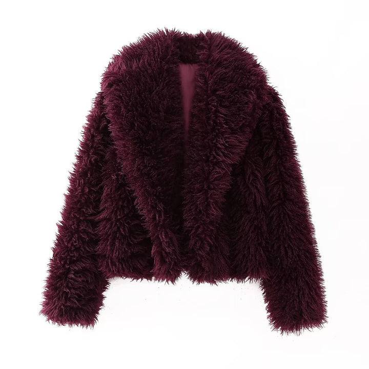 Damen nan kurze kuschelige Kunstfell-Cropped-Jacke mit großzügigem Schalkragen und offener Front Echo Archiv