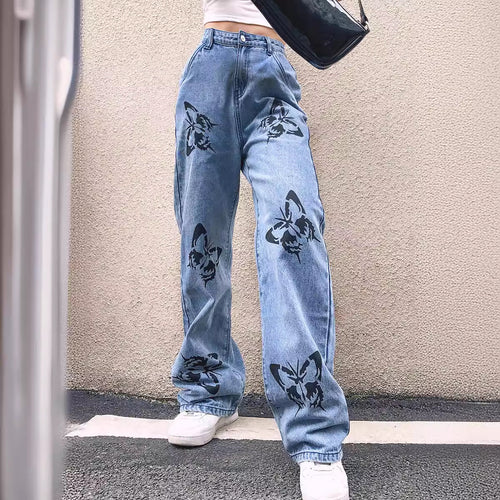 Damen nan weite High-Waist-Jeans mit Gothic-Schmetterlingsprint und entspanntem Straight-Leg Echo Archiv