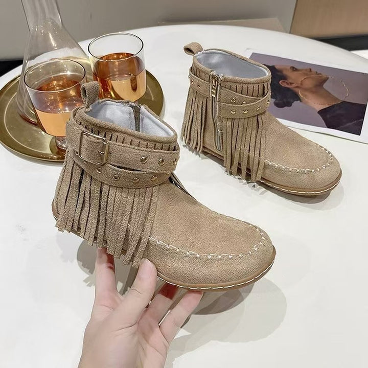 Damen nan Fransen-Mokassin-Stiefelette mit Ziergurt, Schnalle und weicher Gummisohle Echo Archiv